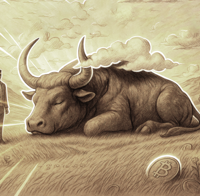 A "Bitcoin bull" takes a nap while a trader looks on