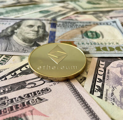 Depiction of an Ether (ETH) coin & fiat currency USD notes