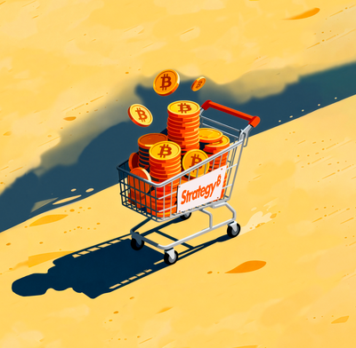Strategy logo on shopping cart full of bitcoins